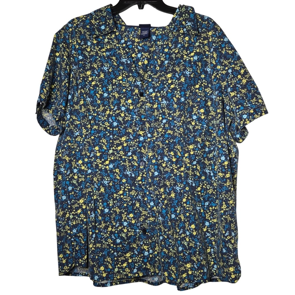 Basic Editions Womens Blue Floral Button Front Short Sleeve Shirt 2X Cottage